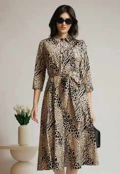 Rochie de zi tip camasa din bumbac bej cu animal print si cordon in talie imagine