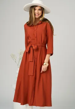 Rochie de zi tip camasa din viscoza caramizie cu cordon in talie imagine