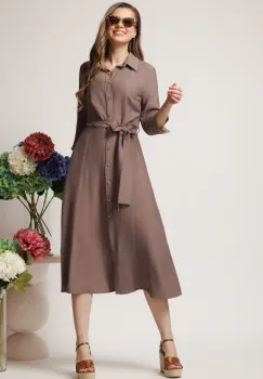 Rochie de zi tip camasa din viscoza maro cu cordon in talie imagine