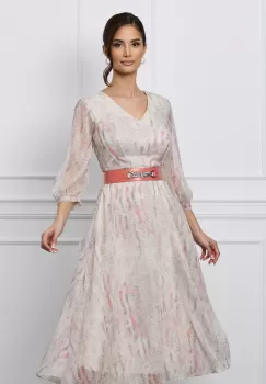 Rochie Delia ivory cu imprimeu roz si curea in talie imagine