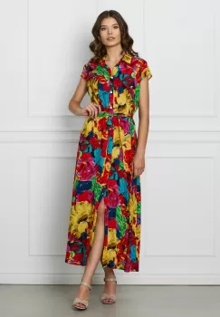 Rochie Denisa rosie cu imprimeuri galbene si cordon in talie imagine