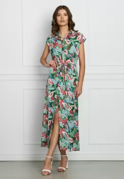 Rochie Denisa verde cu imprimeuri roz si cordon in talie imagine