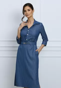 Rochie Diana albastra cu dungi si curea in talie imagine