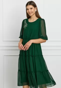 Rochie Diana verde cu strasuri si perle pe bust imagine