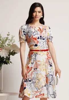 Rochie din viscoza alba cu imprimeuri corai si curea in talie imagine