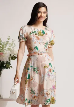 Rochie din viscoza bej cu imprimeuri verzi si curea in talie imagine