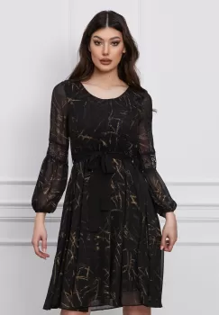 Rochie Dina neagra cu imprimeuri aurii si dantela pe maneci imagine