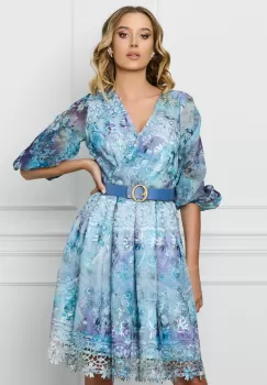 Rochie Doina bleu cu imprimeuri florale si curea in talie imagine