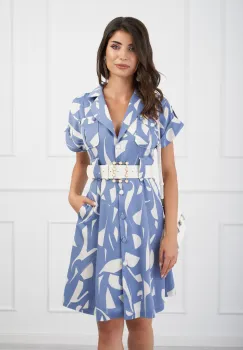Rochie Doina bleu tip sacou cu imprimeuri albe si curea in talie imagine