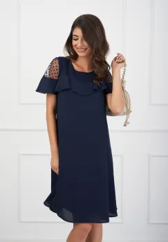 Rochie Dora bleumarin cu buline catifelate la bust imagine