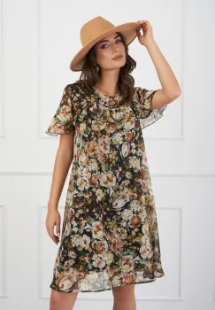 Rochie Dora neagra cu imprimeu floral maro si insertii din fir lurex imagine