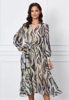 Rochie Dorika lila cu imprimeu verde si cordon in talie imagine