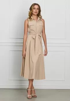 Rochie Dorina bej cu nasturi la bust si cordon in talie imagine