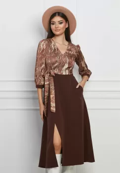 Rochie Dorina maro cu imprimeu bej la bust imagine