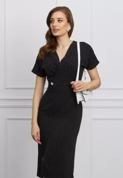 Rochie Dorina neagra cu dungi albe si nasturi in talie imagine