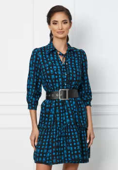 Rochie Dorina neagra cu imprimeuri albastre si curea in talie imagine