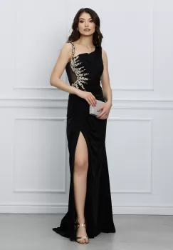 Rochie Doris neagra lunga cu strasuri imagine