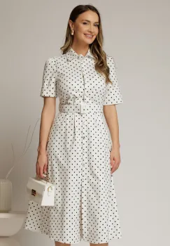 Rochie DY Fashion alba cu buline tip camasa si curea in talie imagine