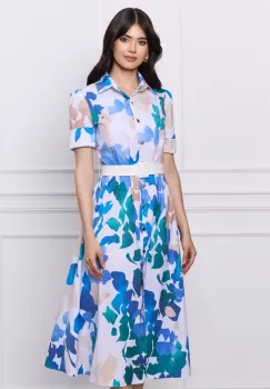 Rochie DY Fashion alba cu imprimeu albastru si curea in talie imagine