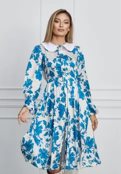Rochie Dy Fashion alba cu imprimeu albastru si guler alb imagine