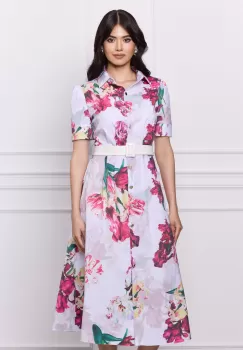 Rochie DY Fashion alba cu imprimeu floral fucsia si curea in talie imagine