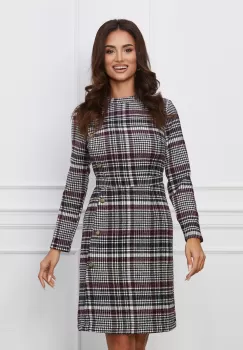 Rochie Dy Fashion alba cu imprimeu pepit negru si bordo imagine