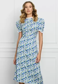 Rochie Dy Fashion alba cu imprimeuri florale albastre si volanase la maneci si decolteu imagine