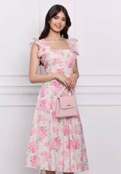 Rochie DY Fashion alba cu imprimeuri florale roz si volane la umeri imagine