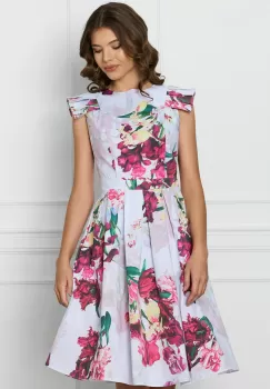 Rochie DY Fashion alba cu imprimeuri magenta si maneci scurte evantai imagine