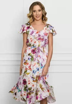 Rochie DY Fashion alba din voal cu imprimeu mov si cordon in talie imagine