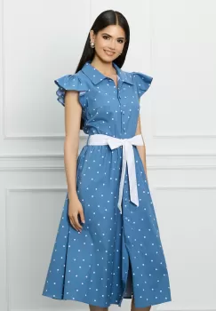 Rochie DY Fashion albastra cu buline si cordon in talie imagine