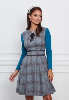 Rochie Dy Fashion albastra cu carouri gri imagine