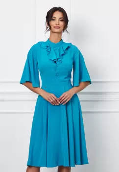 Rochie Dy Fashion albastra cu nasturi si volan la bust imagine