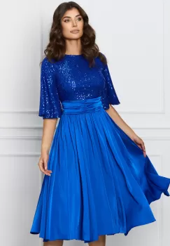Rochie Dy Fashion albastra cu paiete la bust si fusta din satin imagine