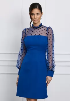 Rochie Dy Fashion albastra cu tull si buline catifelate imagine