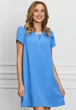 Rochie DY Fashion albastra cu umeri bufanti si accesoriu la decolteu imagine
