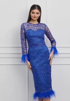 Rochie Dy Fashion albastra din dantela cu pene imagine