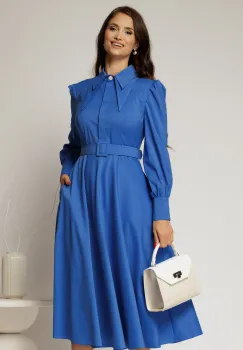 Rochie DY Fashion albastra din poplin cu guler dublu si curea in talie imagine