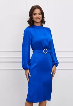 Rochie Dy Fashion albastra din satin cu o curea in talie imagine