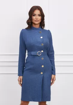 Rochie Dy Fashion albastra din tweed cu nasturi si curea imagine