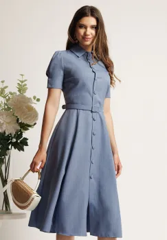 Rochie DY Fashion albastra in clos cu nasturi si curea in talie imagine