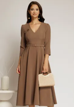 Rochie DY Fashion bej clos cu decolteu V si curea in talie imagine