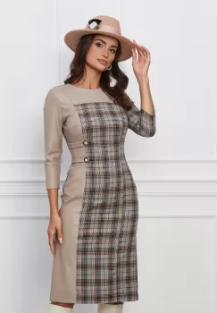 Rochie Dy Fashion bej cu carouri albastre si piele ecologica imagine