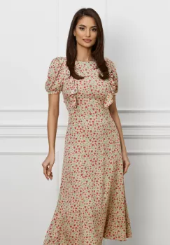 Rochie Dy Fashion bej cu floricele corai si volane pe umeri imagine