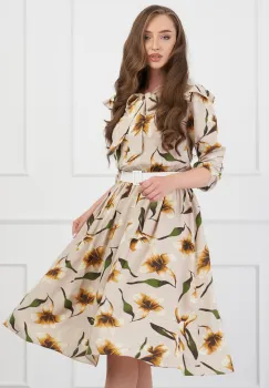 Rochie DY Fashion bej cu imprimeu floral si curea in talie imagine