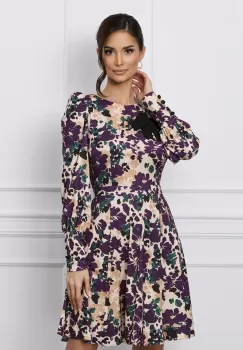 Rochie Dy Fashion bej cu imprimeu mov si funda imagine