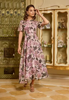 Rochie DY Fashion bej cu imprimeuri florale roz si fir lurex imagine