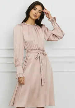 Rochie DY Fashion bej cu perle si cordon in talie imagine