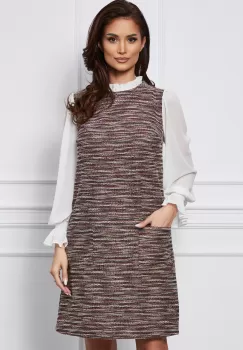 Rochie DY Fashion bej din jerse cu maneci din voal imagine