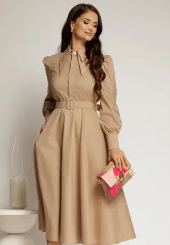 Rochie DY Fashion bej din poplin cu guler dublu si curea in talie imagine